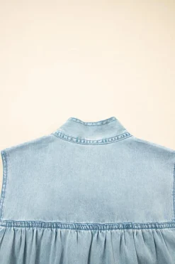 Discount Dear-Lover Bowknot Neck Sleeveless Ruffled Chambray Dress Beau Blue