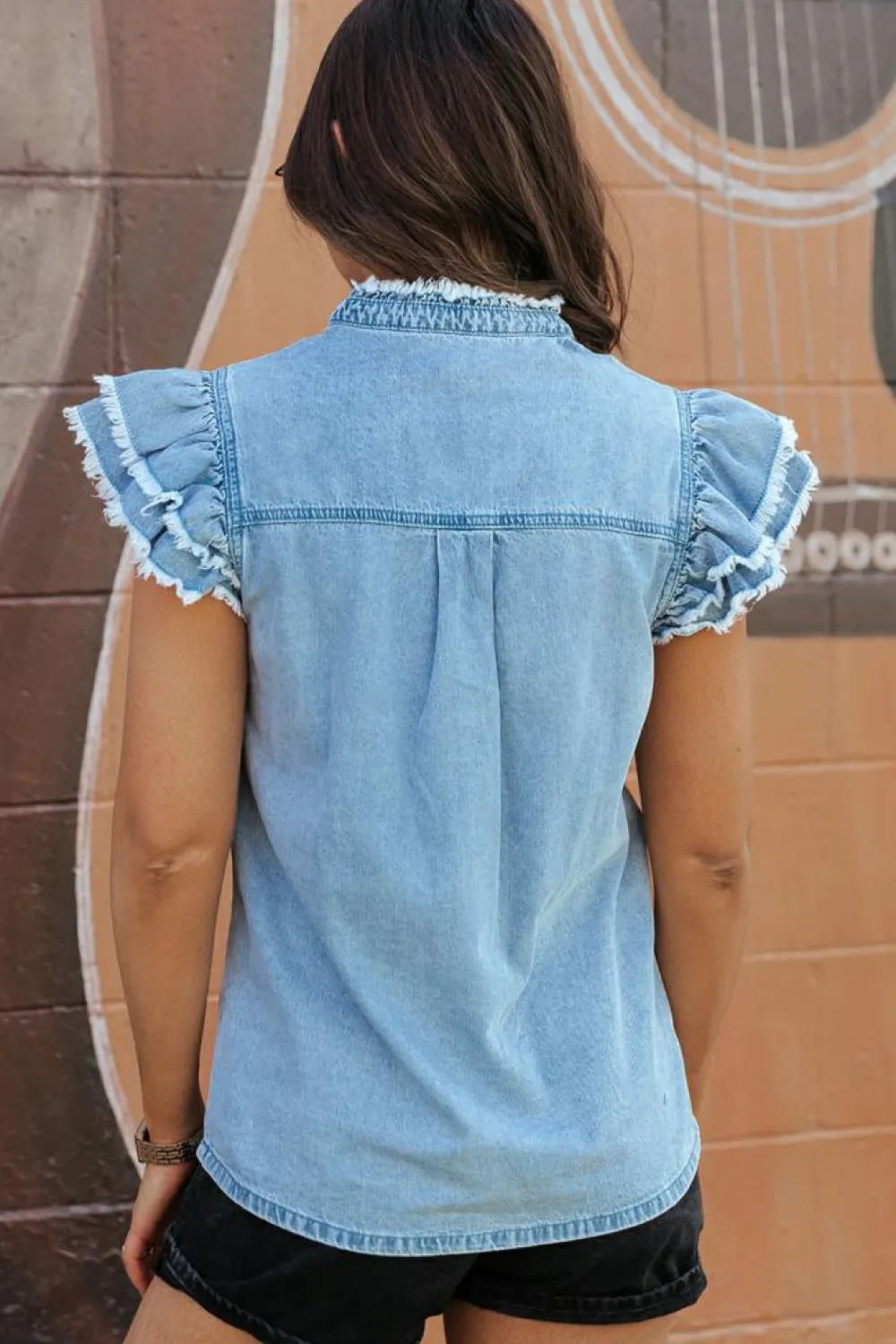 Outlet Dear-Lover Button Front Ruffled Flutter Frayed Denim Top Beau Blue
