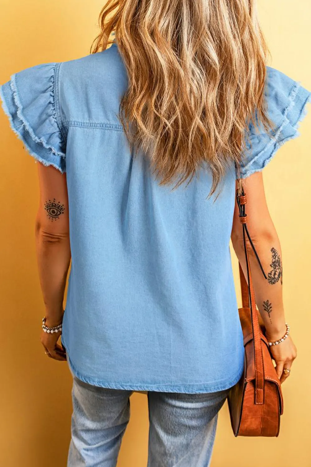 Outlet Dear-Lover Button Front Ruffled Flutter Frayed Denim Top Beau Blue