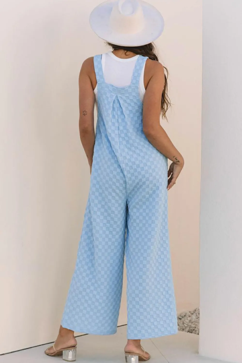 Clearance Dear-Lover Checkered Pocketed High Waist Wide Leg Overall Beau Blue