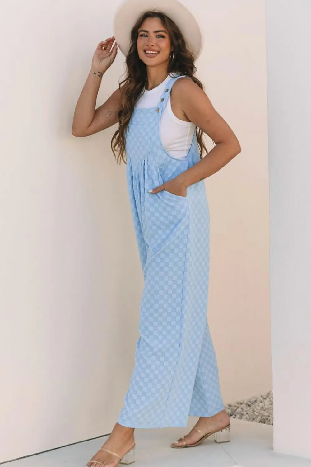 Clearance Dear-Lover Checkered Pocketed High Waist Wide Leg Overall Beau Blue