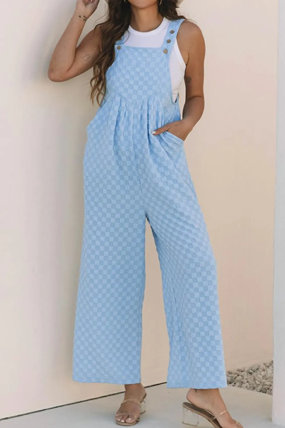 Clearance Dear-Lover Checkered Pocketed High Waist Wide Leg Overall Beau Blue