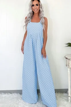 Clearance Dear-Lover Checkered Pocketed High Waist Wide Leg Overall Beau Blue