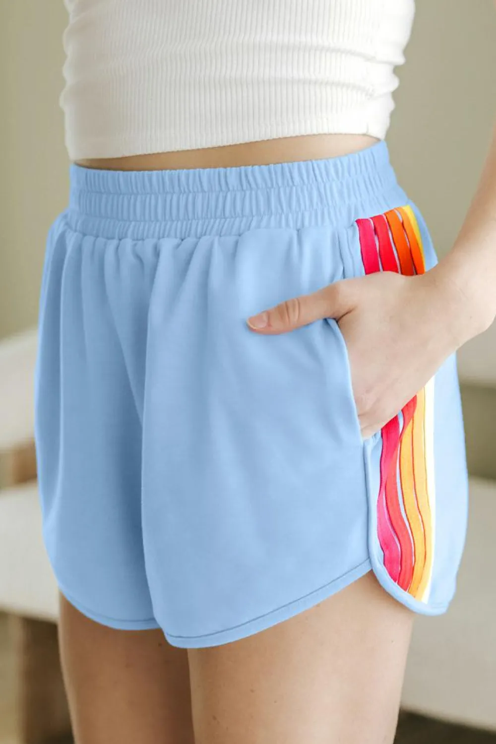 Online Dear-Lover Color Block Stripes Elastic High Waist Active Shorts Beau Blue