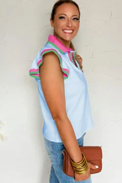 Outlet Dear-Lover Color Contrast Ruffled Sleeve Collared V Neck Blouse Beau Blue