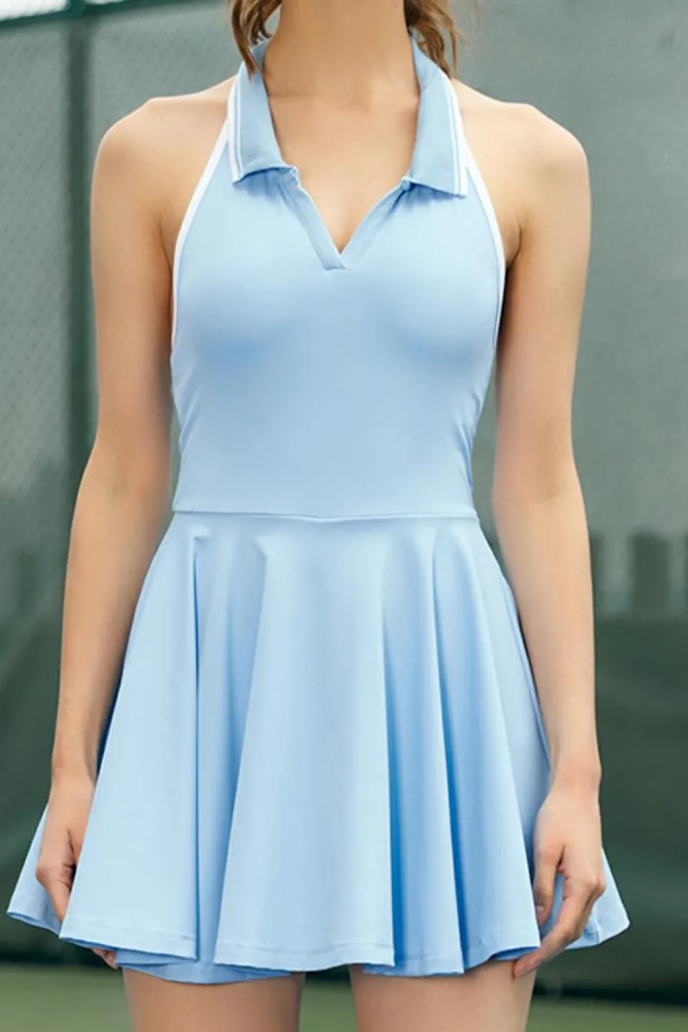 Sale Dear-Lover Colorblock Sleeveless Collared Halter Neck Backless Sports Dress Beau Blue