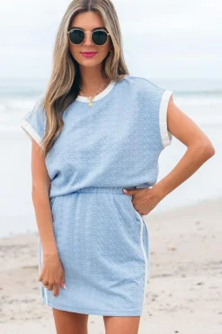 Hot Dear-Lover Contrast Trim Textured Crewneck Tee and Pocketed Skirt Set Beau Blue