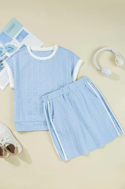 Hot Dear-Lover Contrast Trim Textured Crewneck Tee and Pocketed Skirt Set Beau Blue
