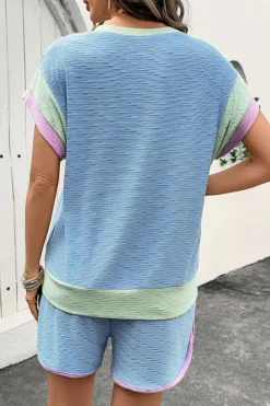 Clearance Dear-Lover Corded Knit Contrast Trim Round Neck Cap Sleeve 2pcs Short Set Beau Blue