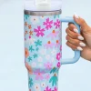 Clearance Dear-Lover Cute Flower Pattern Handled Cup with Straw 40oz Beau Blue
