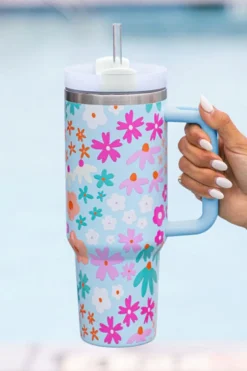 Clearance Dear-Lover Cute Flower Pattern Handled Cup with Straw 40oz Beau Blue