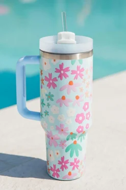 Clearance Dear-Lover Cute Flower Pattern Handled Cup with Straw 40oz Beau Blue