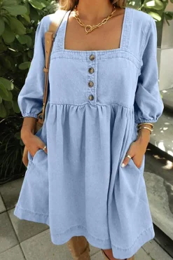Sale Dear-Lover Denim Button Detail Babydoll Square Neck Mini Dress Beau Blue