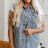 Clearance Dear-Lover Denim Flap Pocket Curved Hem Shirt Vest Beau Blue