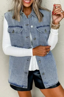 Clearance Dear-Lover Denim Flap Pocket Curved Hem Shirt Vest Beau Blue