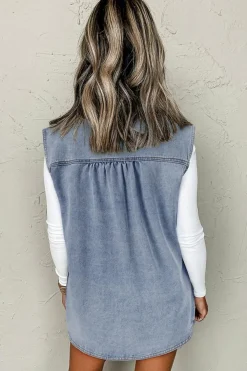 Clearance Dear-Lover Denim Flap Pocket Curved Hem Shirt Vest Beau Blue