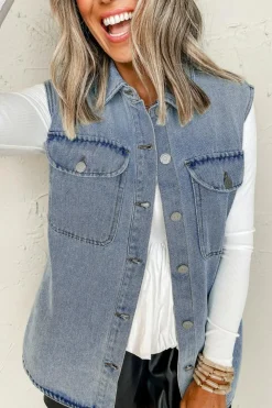 Clearance Dear-Lover Denim Flap Pocket Curved Hem Shirt Vest Beau Blue