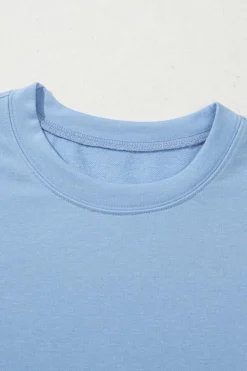 Sale Dear-Lover Eyelet Flower Embroidered Puff Short Sleeve Patchwork Crew Neck Blouse Beau Blue