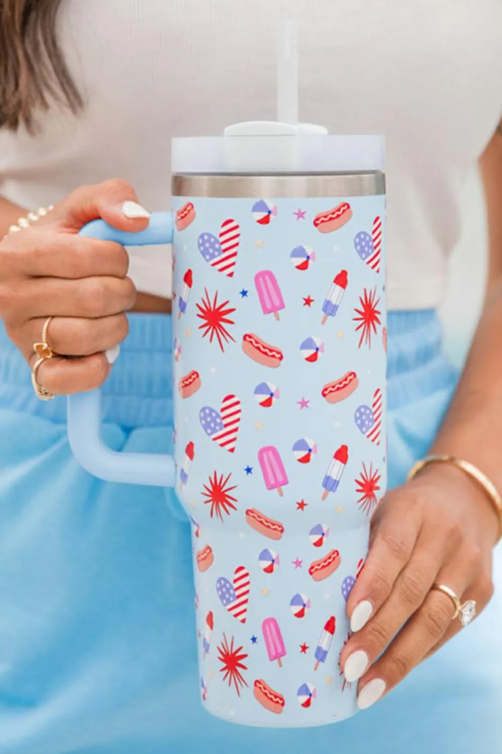 Online Dear-Lover Flag Day Fun Pattern Cup with Handle 40oz Beau Blue
