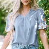 Hot Dear-Lover Floral Embroidered Puff Sleeve Split Neck Blouse Beau Blue