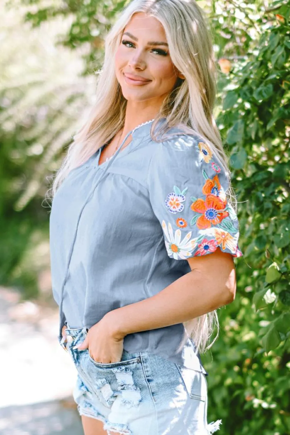 Hot Dear-Lover Floral Embroidered Puff Sleeve Split Neck Blouse Beau Blue