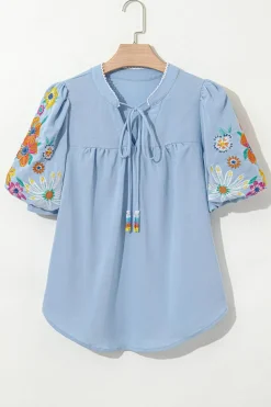 Hot Dear-Lover Floral Embroidered Puff Sleeve Split Neck Blouse Beau Blue