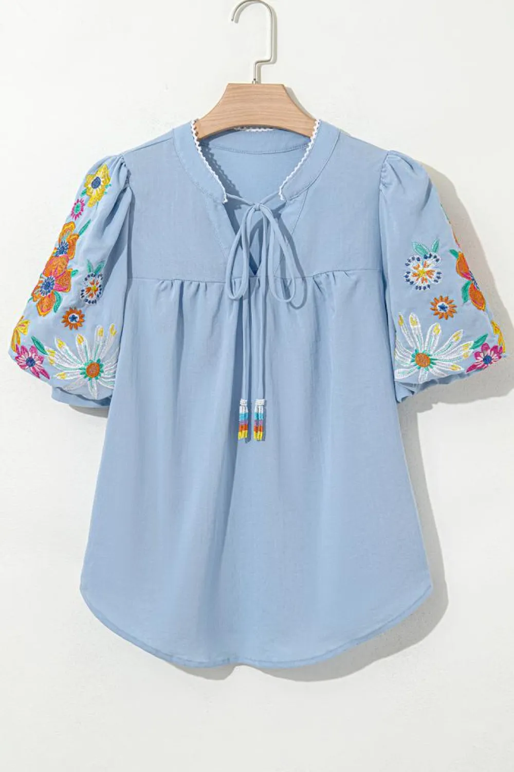 Hot Dear-Lover Floral Embroidered Puff Sleeve Split Neck Blouse Beau Blue