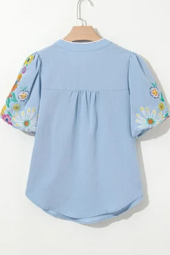 Hot Dear-Lover Floral Embroidered Puff Sleeve Split Neck Blouse Beau Blue