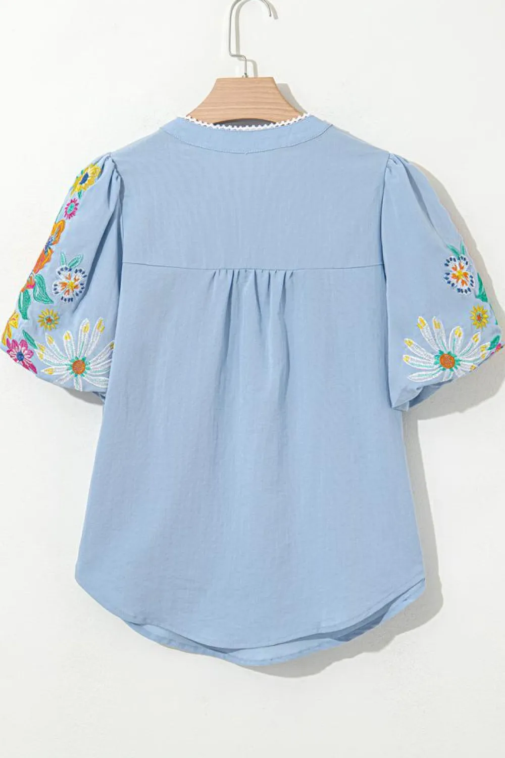 Hot Dear-Lover Floral Embroidered Puff Sleeve Split Neck Blouse Beau Blue