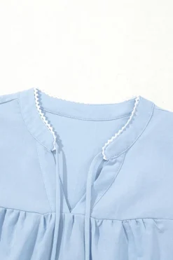 Hot Dear-Lover Floral Embroidered Puff Sleeve Split Neck Blouse Beau Blue
