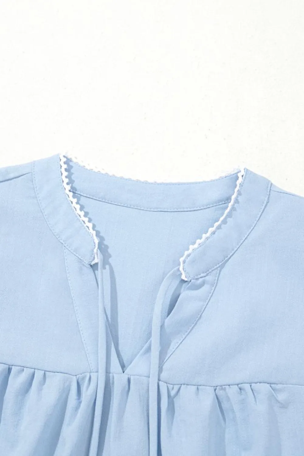 Hot Dear-Lover Floral Embroidered Puff Sleeve Split Neck Blouse Beau Blue