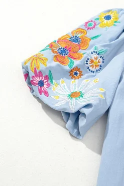 Hot Dear-Lover Floral Embroidered Puff Sleeve Split Neck Blouse Beau Blue