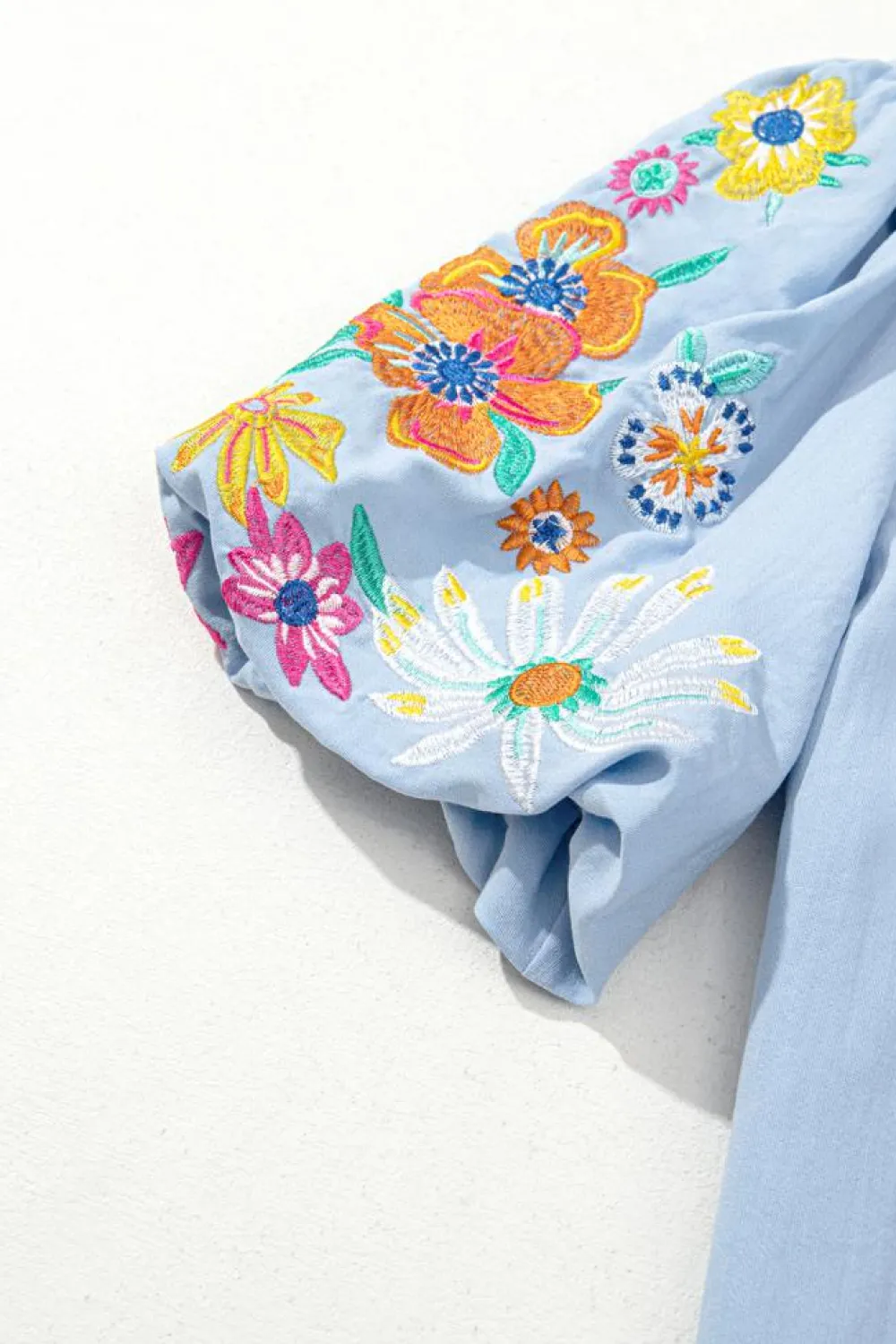 Hot Dear-Lover Floral Embroidered Puff Sleeve Split Neck Blouse Beau Blue