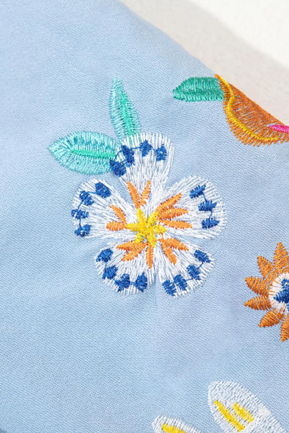 Hot Dear-Lover Floral Embroidered Puff Sleeve Split Neck Blouse Beau Blue