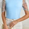 New Dear-Lover Floral Mesh Puff Sleeve Crew Neck Top Beau Blue