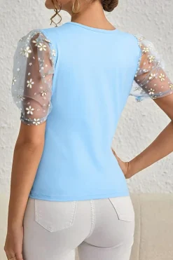 New Dear-Lover Floral Mesh Puff Sleeve Crew Neck Top Beau Blue