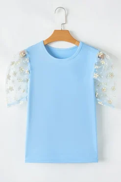 New Dear-Lover Floral Mesh Puff Sleeve Crew Neck Top Beau Blue