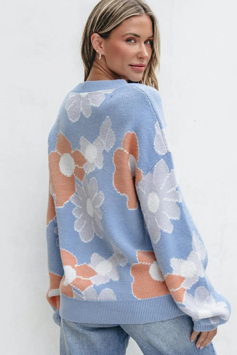 Best Dear-Lover Floral O Neck Drop Shoulder Knitted Sweater Beau Blue