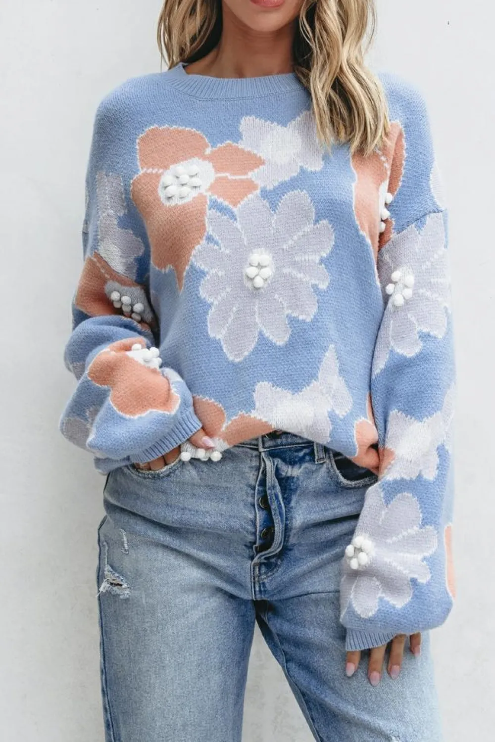 Best Dear-Lover Floral O Neck Drop Shoulder Knitted Sweater Beau Blue