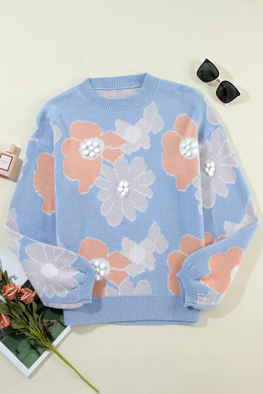 Best Dear-Lover Floral O Neck Drop Shoulder Knitted Sweater Beau Blue