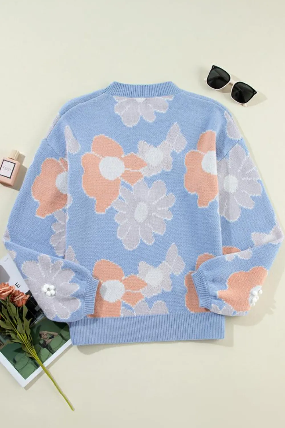 Best Dear-Lover Floral O Neck Drop Shoulder Knitted Sweater Beau Blue