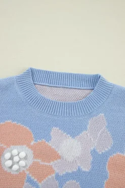Best Dear-Lover Floral O Neck Drop Shoulder Knitted Sweater Beau Blue