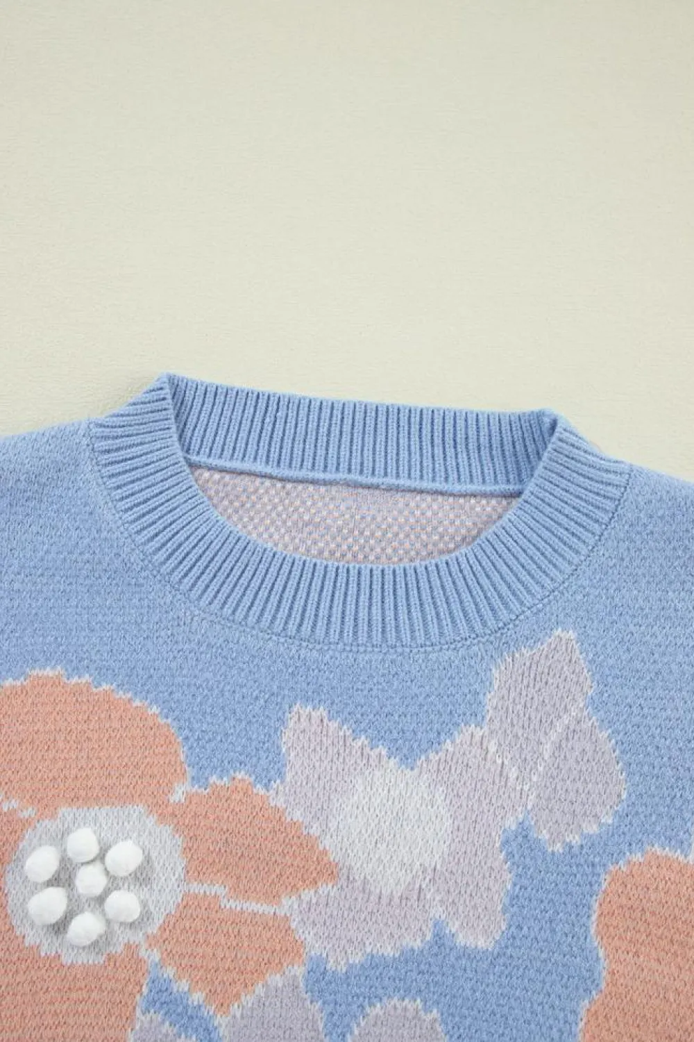 Best Dear-Lover Floral O Neck Drop Shoulder Knitted Sweater Beau Blue