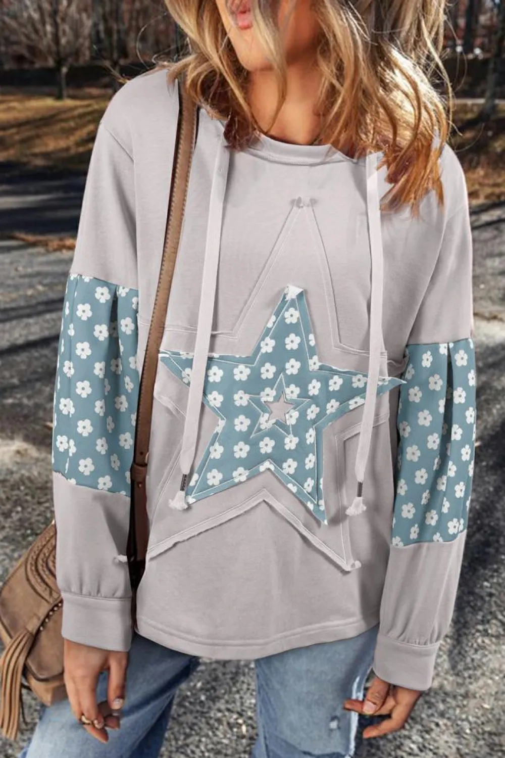 Online Dear-Lover Floral Patchwork Star Pattern Drawstring Hoodie Beau Blue