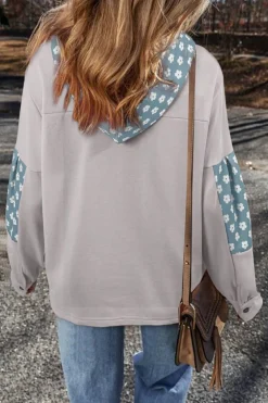 Online Dear-Lover Floral Patchwork Star Pattern Drawstring Hoodie Beau Blue
