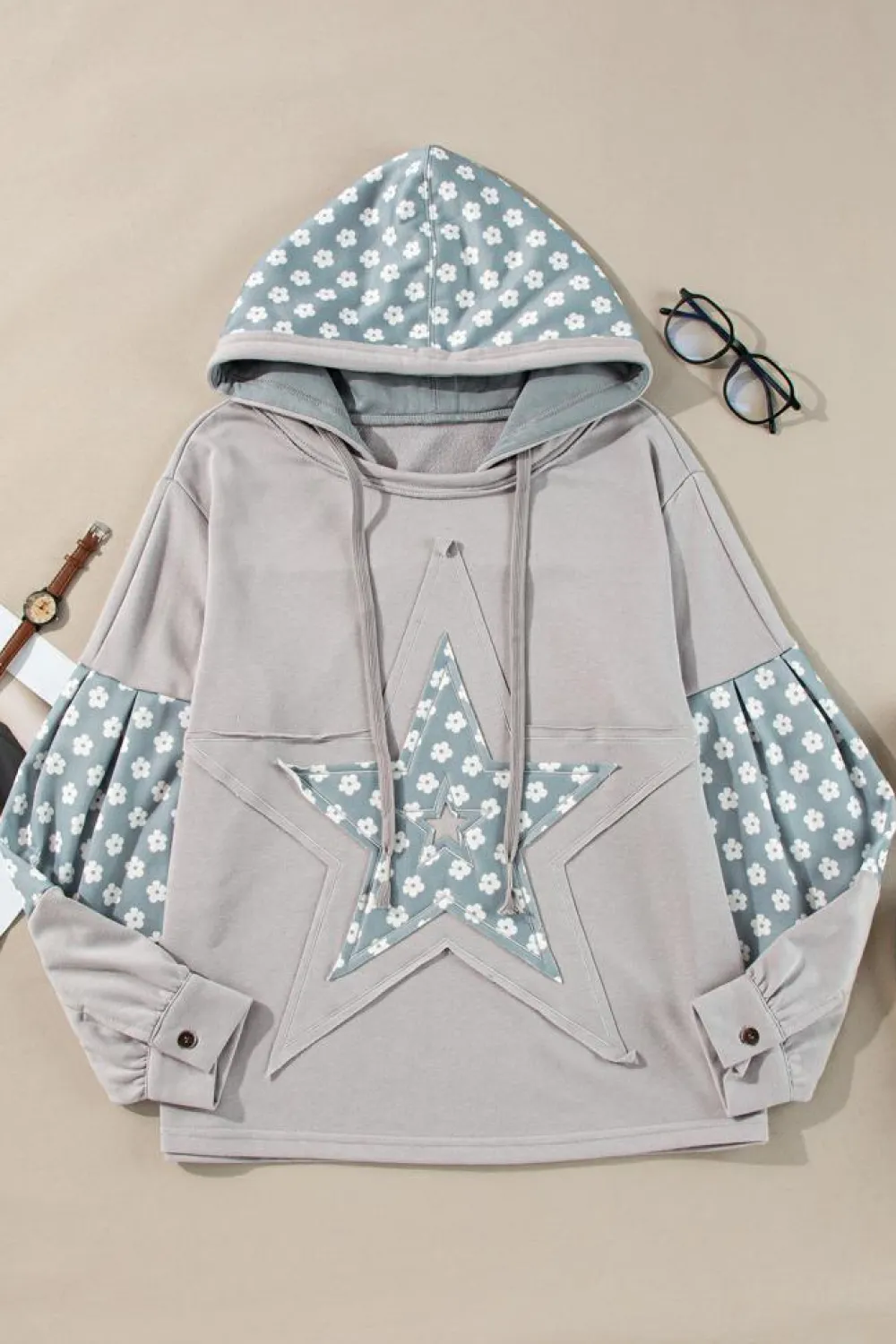 Online Dear-Lover Floral Patchwork Star Pattern Drawstring Hoodie Beau Blue