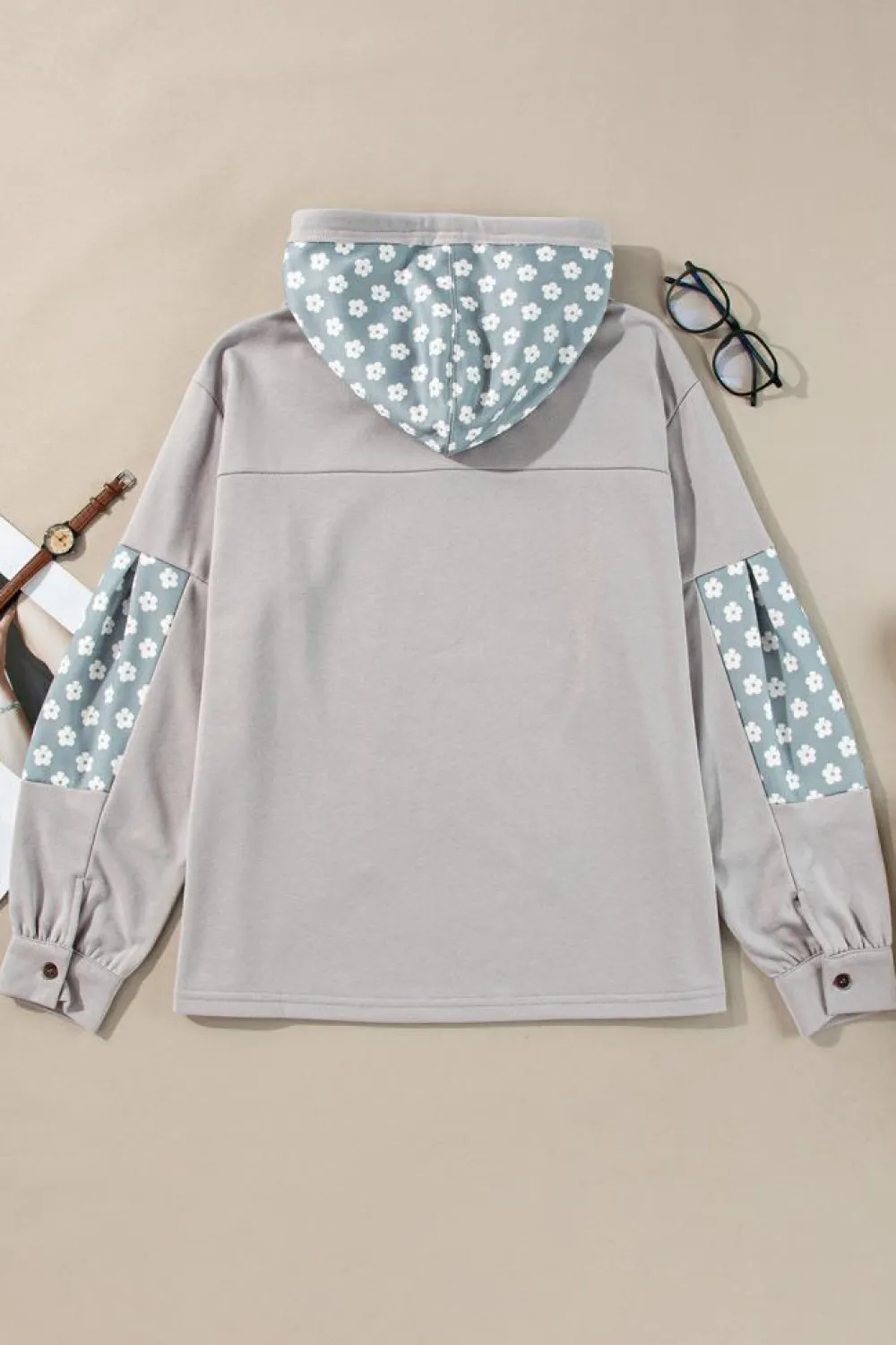 Online Dear-Lover Floral Patchwork Star Pattern Drawstring Hoodie Beau Blue