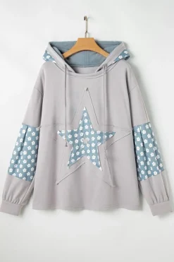 Online Dear-Lover Floral Patchwork Star Pattern Drawstring Hoodie Beau Blue