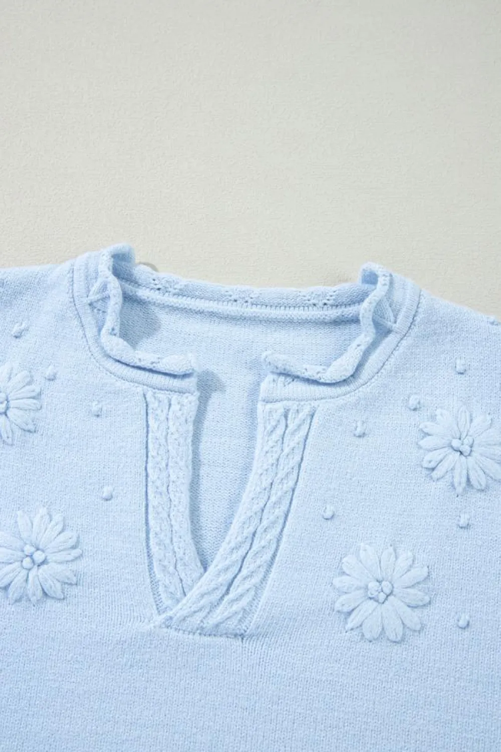 New Dear-Lover Flower Detail Knitted Notched Neck Sweater Beau Blue