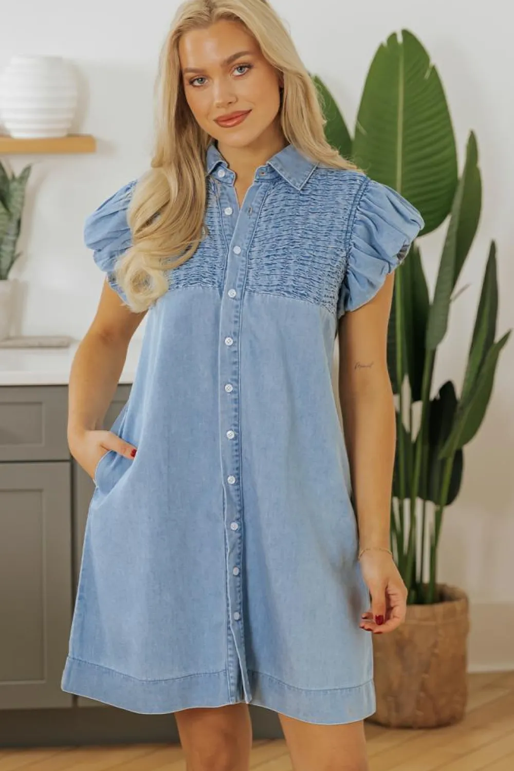 New Dear-Lover Flutter Sleeve Shirred Detail Button Up Denim Mini Dress Beau Blue